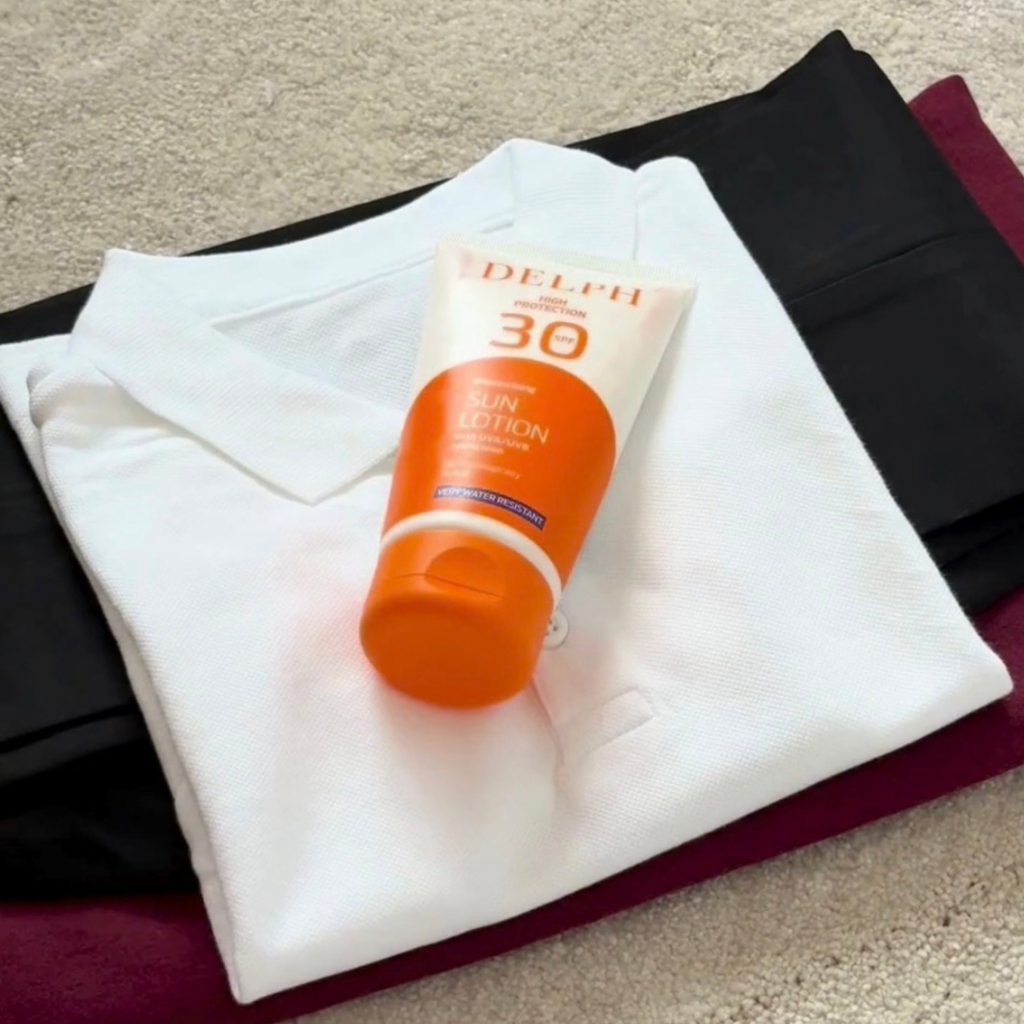 Delph sunscreen SPF 30 on school uniform
